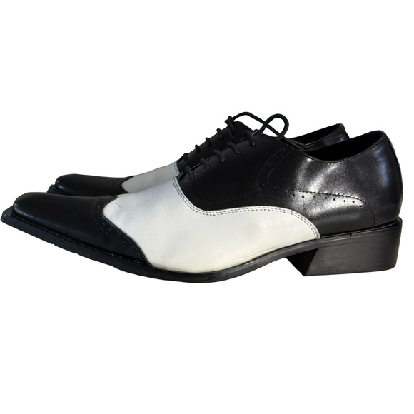 Zota Classic Two-Tone Wingtip Oxfords Black & White Leather Shoes Size 9.5 - Picture 4 of 12